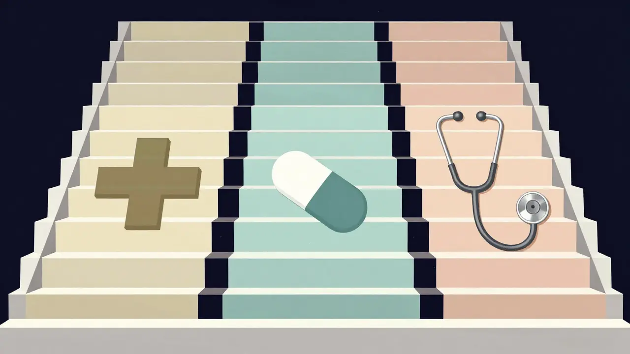 Scale art déco che mostrano alternative sicure per farmaci locali