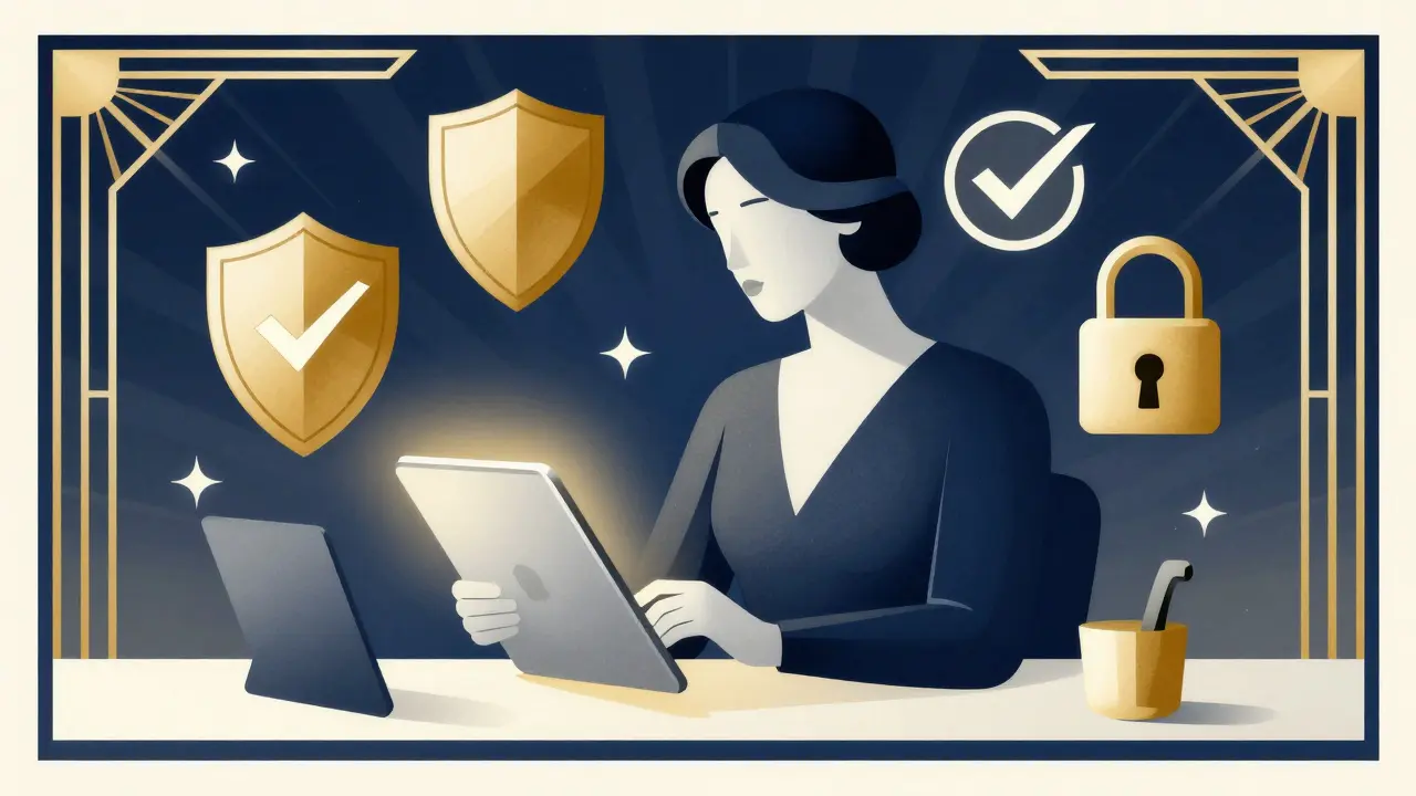 Shopping sicuro online con simboli di protezione Art Deco