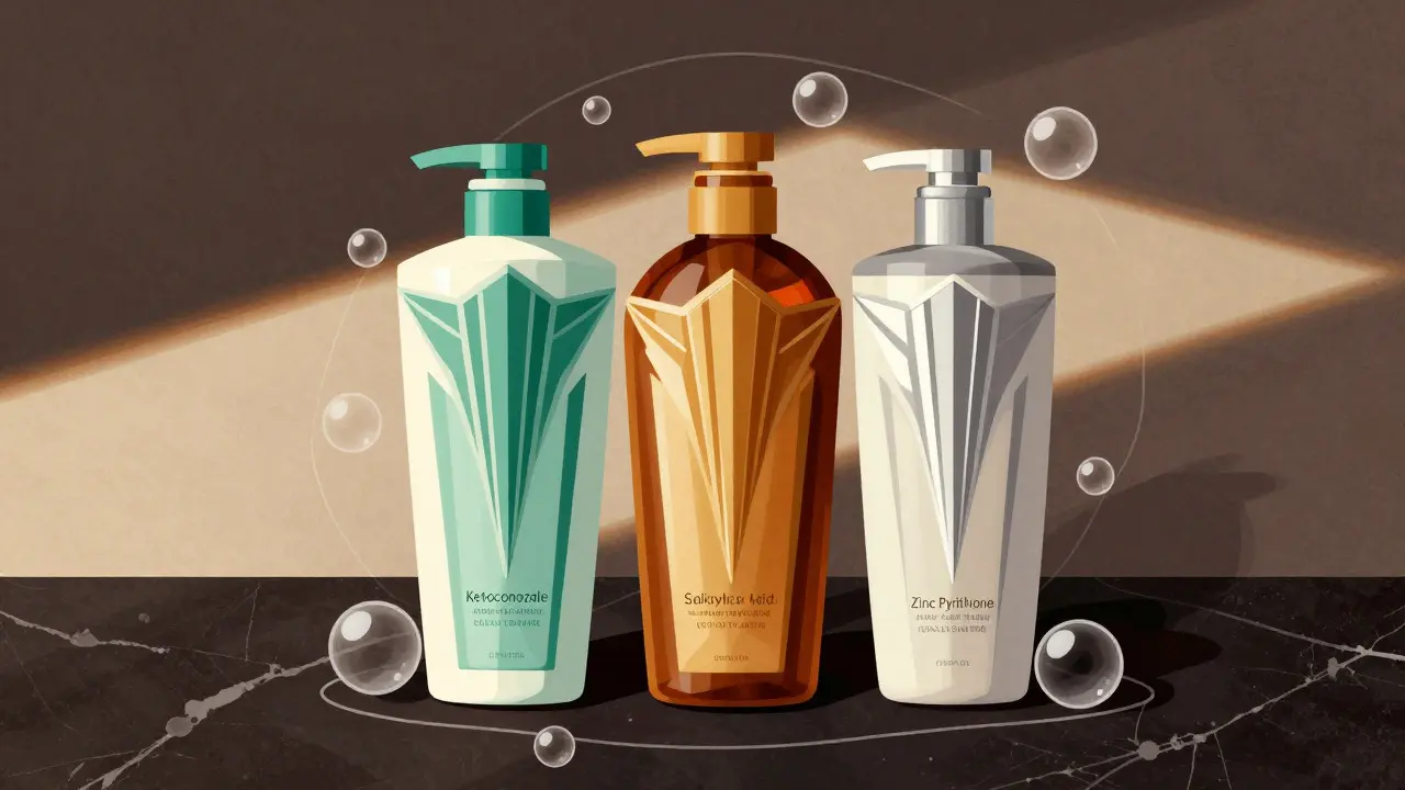 Tre flaconi di shampoo disposti a triangolo in stile Art Déco