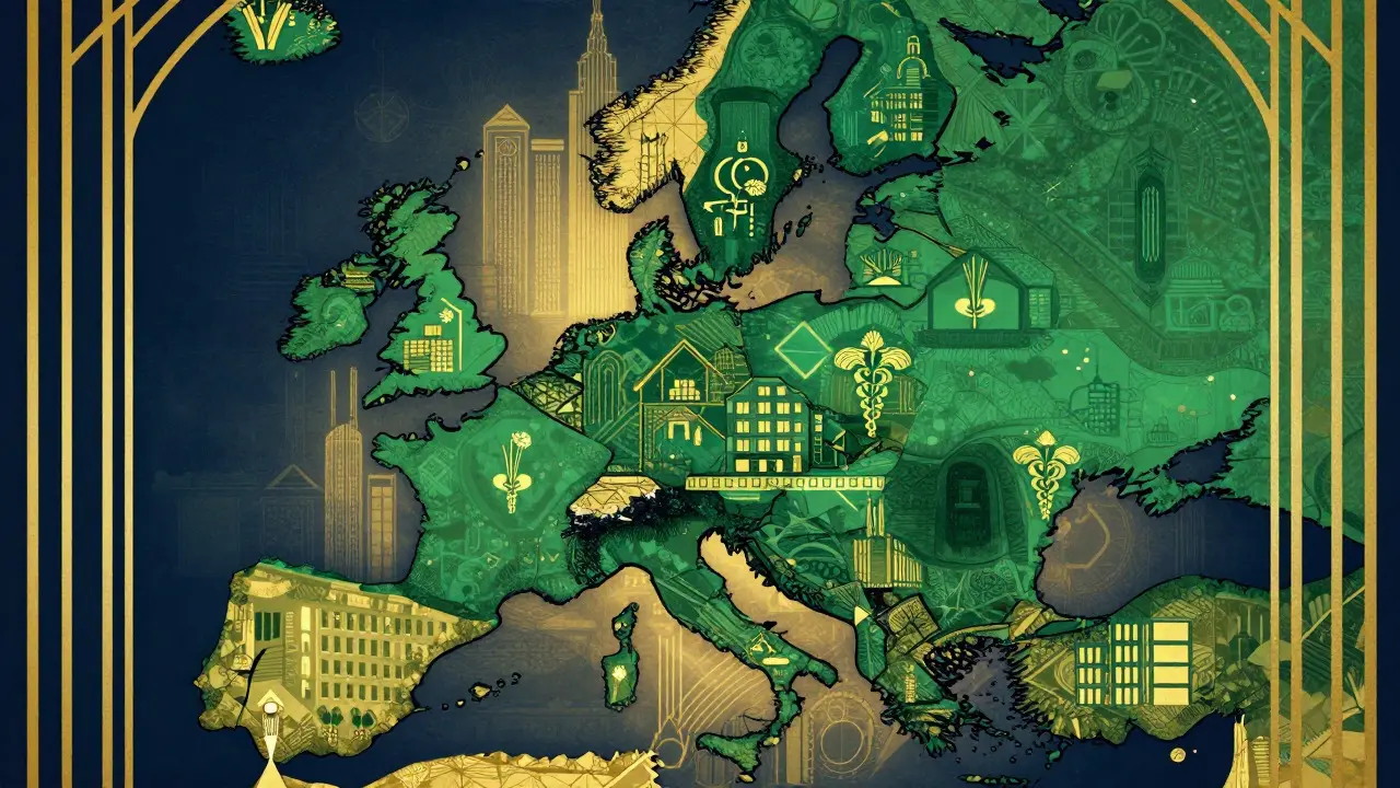 Mappa stilizzata dell'Europa in stile Art Deco con simboli medici dorati