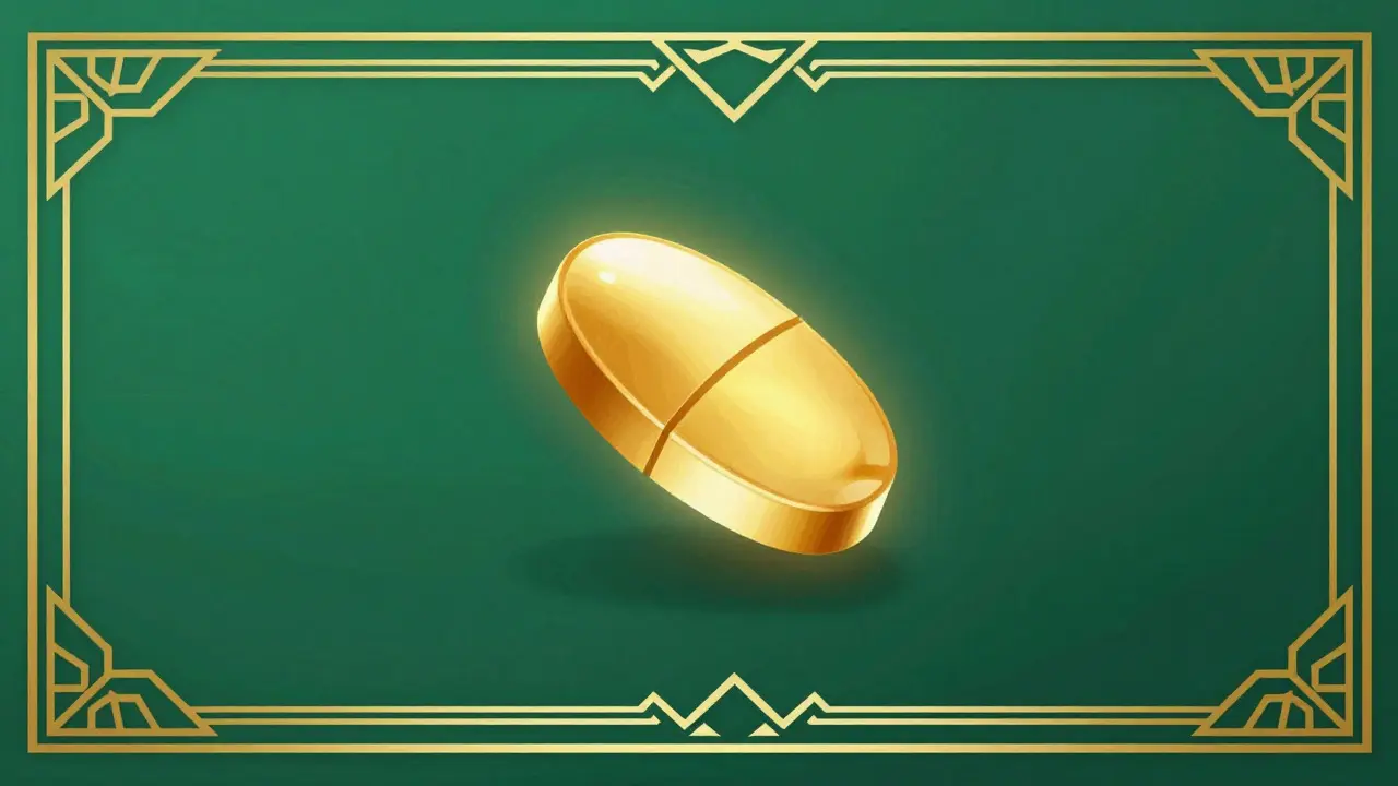 Singola pillola dorata su sfondo verde smeraldo Art Deco