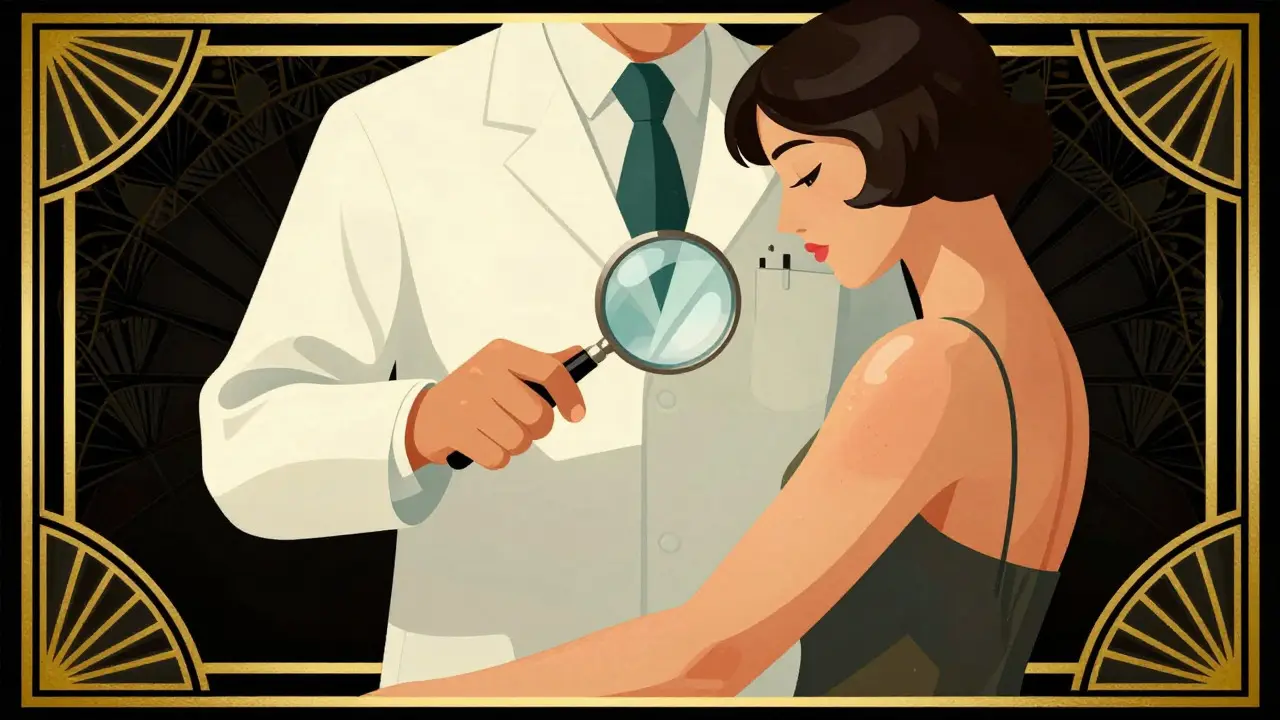 Specialista medico in stile Art Deco esamina una reazione cutanea per distinguere allergia da effetto collaterale.