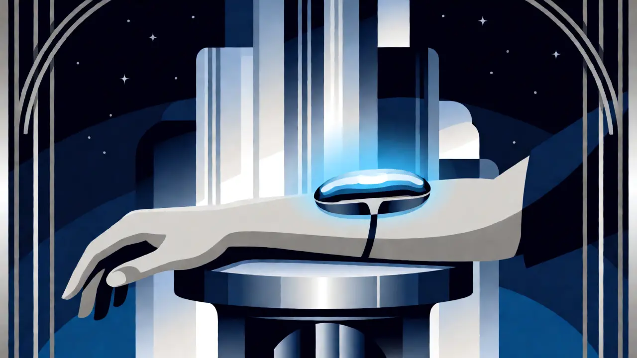 Braccio collegato a un sensore wireless futuristico su sfondo architettonico Art Deco