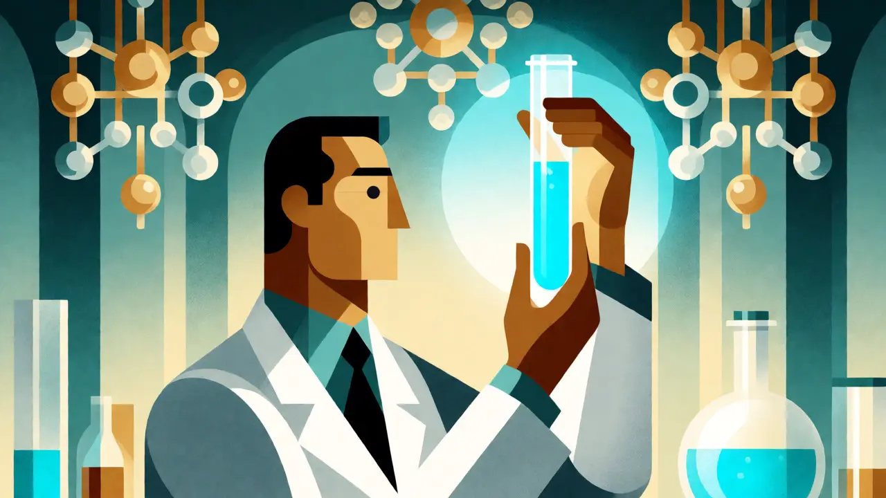Scena di laboratorio futuristica in stile Art Deco con un scienziato e fiale luminose.